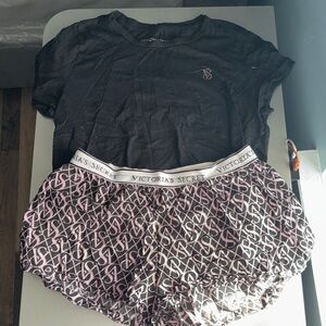 Victoria's Secret Black Top and Pink Logo Shorts